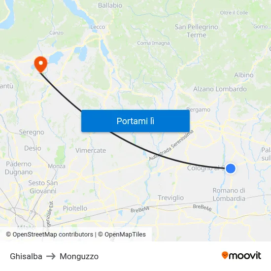 Ghisalba to Monguzzo map