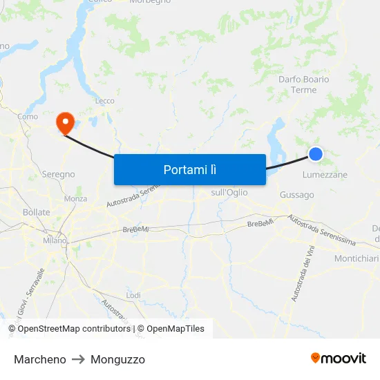 Marcheno to Monguzzo map