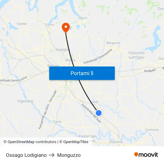 Ossago Lodigiano to Monguzzo map
