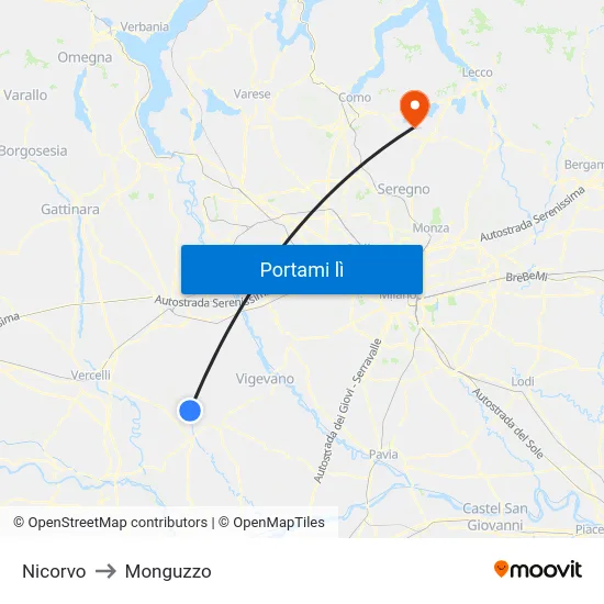 Nicorvo to Monguzzo map