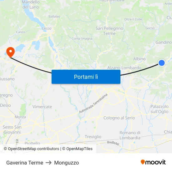 Gaverina Terme to Monguzzo map