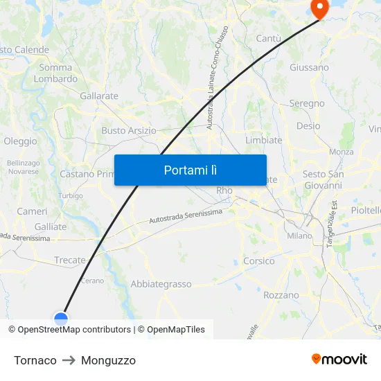 Tornaco to Monguzzo map