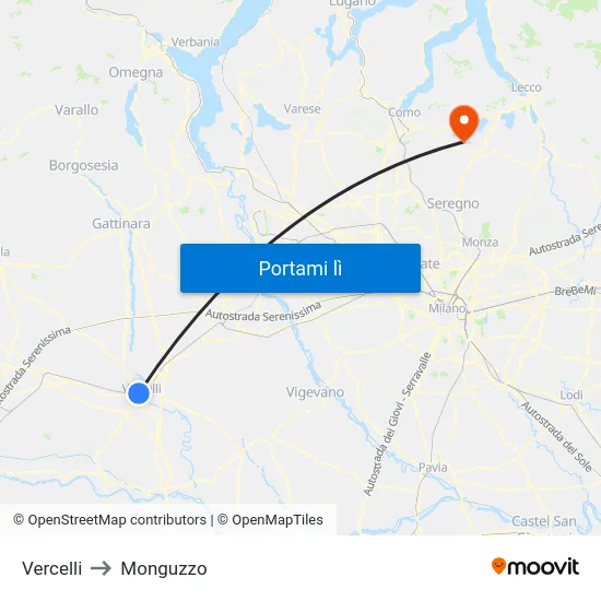 Vercelli to Monguzzo map