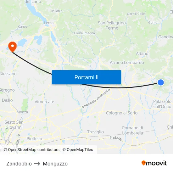 Zandobbio to Monguzzo map