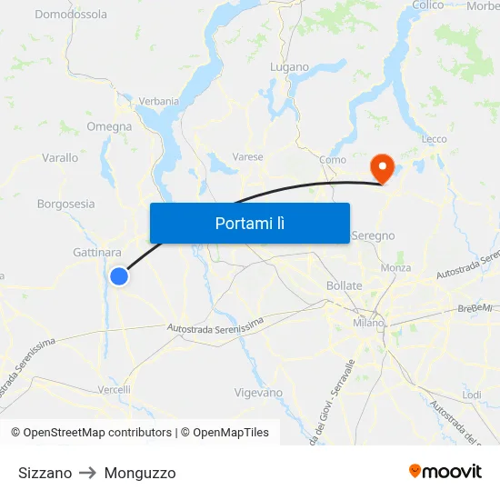 Sizzano to Monguzzo map