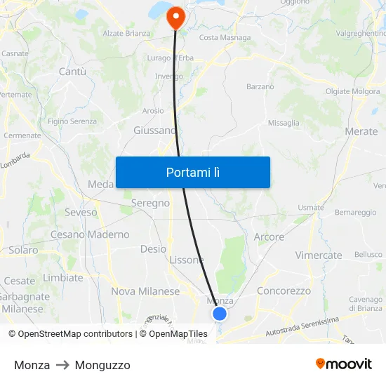 Monza to Monguzzo map