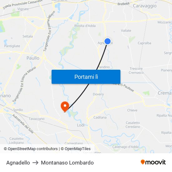 Agnadello to Montanaso Lombardo map