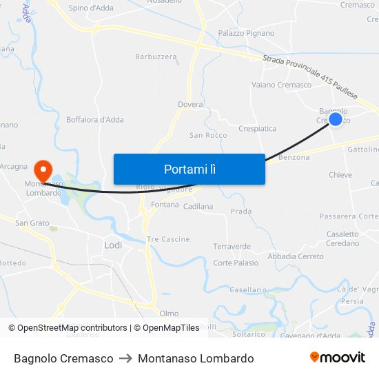Bagnolo Cremasco to Montanaso Lombardo map