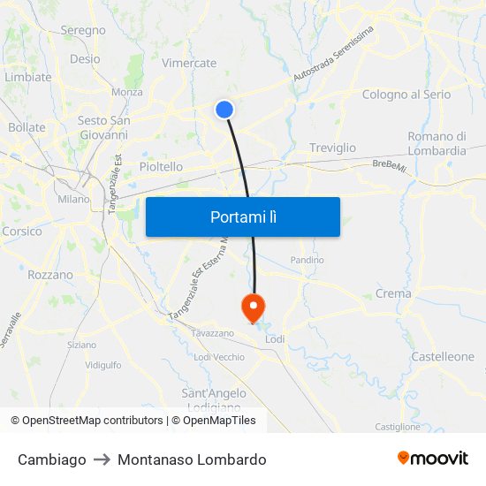 Cambiago to Montanaso Lombardo map