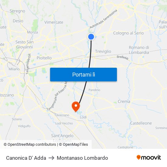 Canonica D' Adda to Montanaso Lombardo map