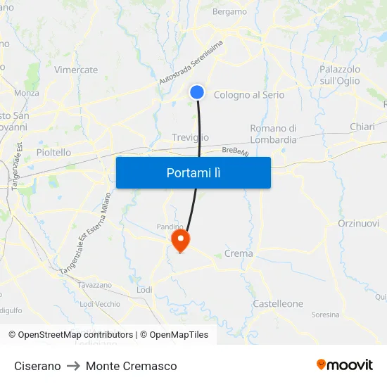 Ciserano to Monte Cremasco map