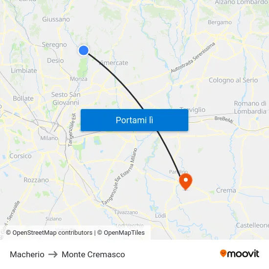 Macherio to Monte Cremasco map