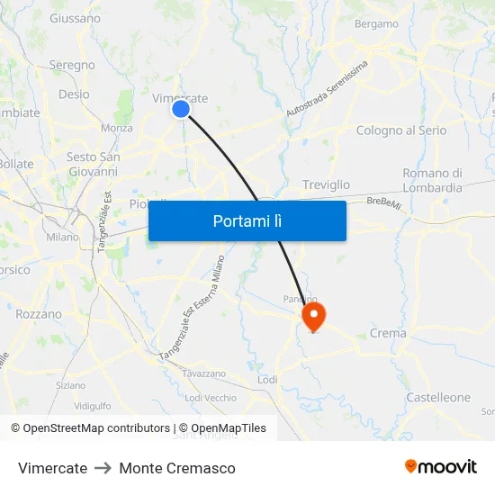 Vimercate to Monte Cremasco map