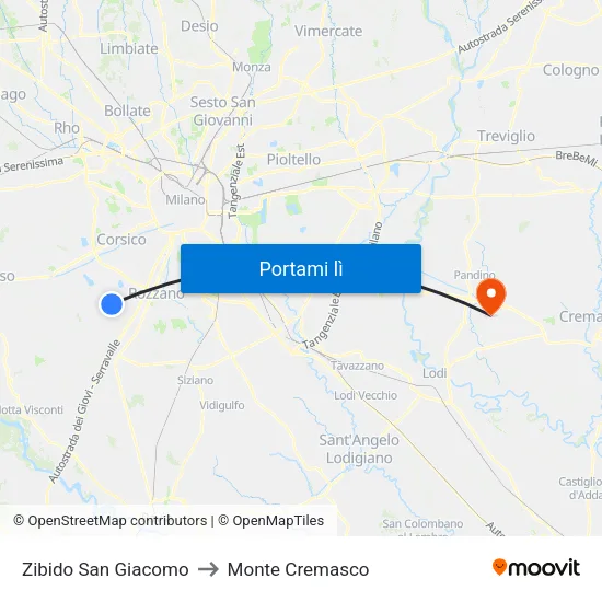 Zibido San Giacomo to Monte Cremasco map