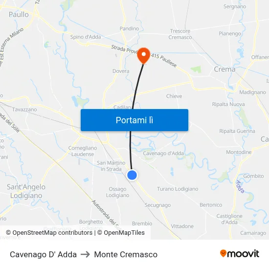 Cavenago D' Adda to Monte Cremasco map