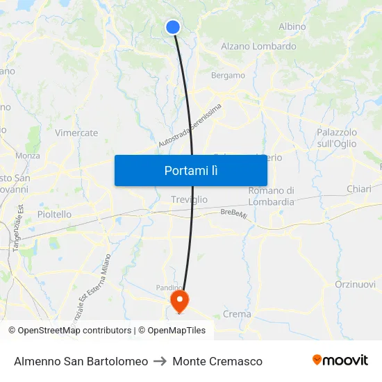 Almenno San Bartolomeo to Monte Cremasco map