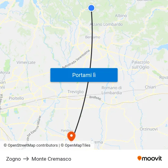 Zogno to Monte Cremasco map