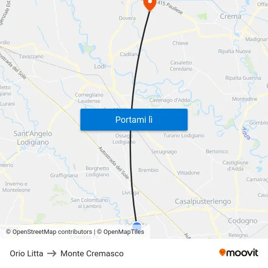 Orio Litta to Monte Cremasco map