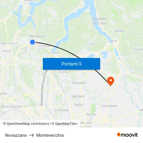 Novazzano to Montevecchia map