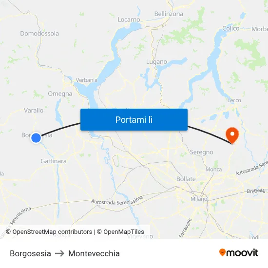 Borgosesia to Montevecchia map