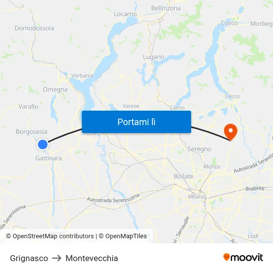 Grignasco to Montevecchia map
