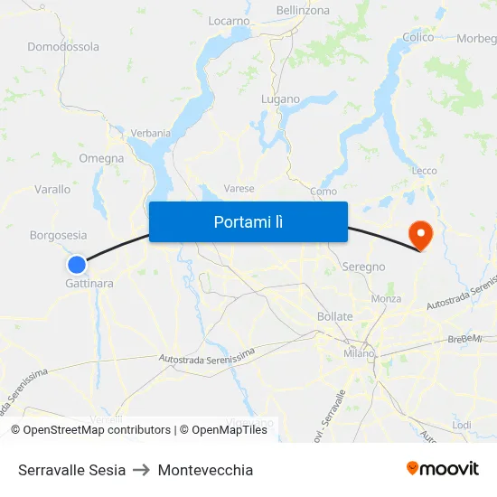 Serravalle Sesia to Montevecchia map