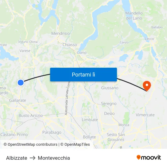 Albizzate to Montevecchia map