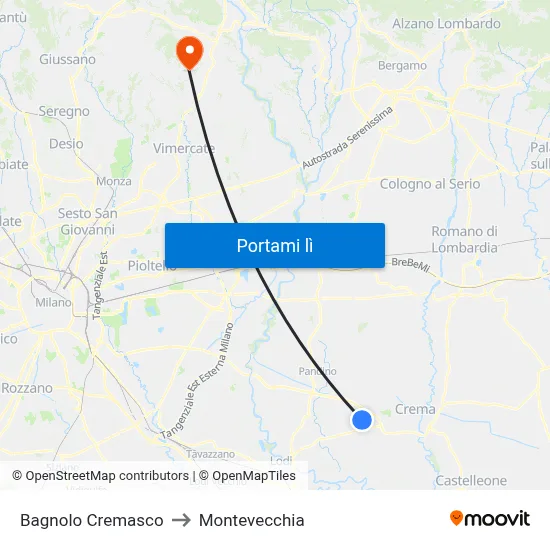 Bagnolo Cremasco to Montevecchia map