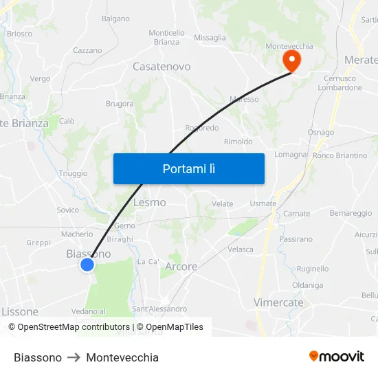 Biassono to Montevecchia map