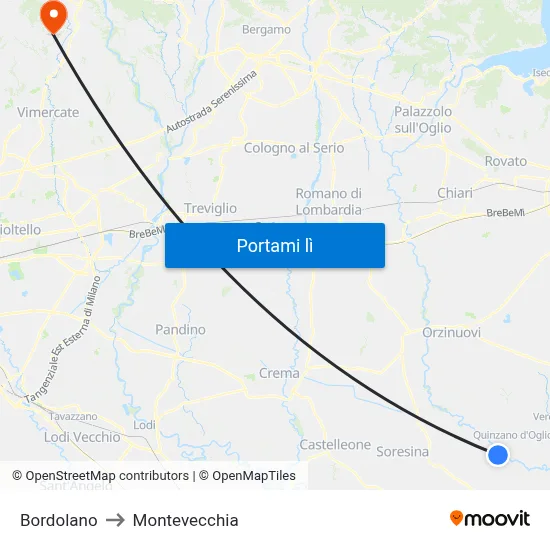 Bordolano to Montevecchia map