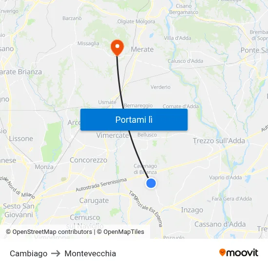 Cambiago to Montevecchia map
