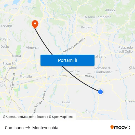 Camisano to Montevecchia map