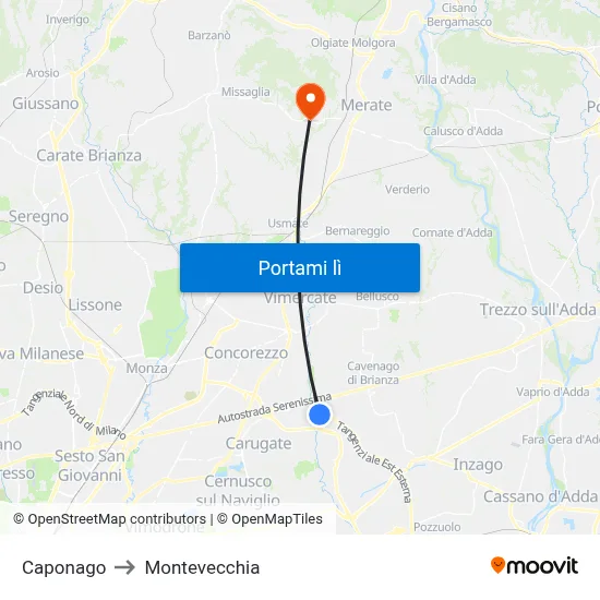 Caponago to Montevecchia map