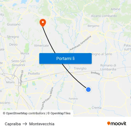 Capralba to Montevecchia map