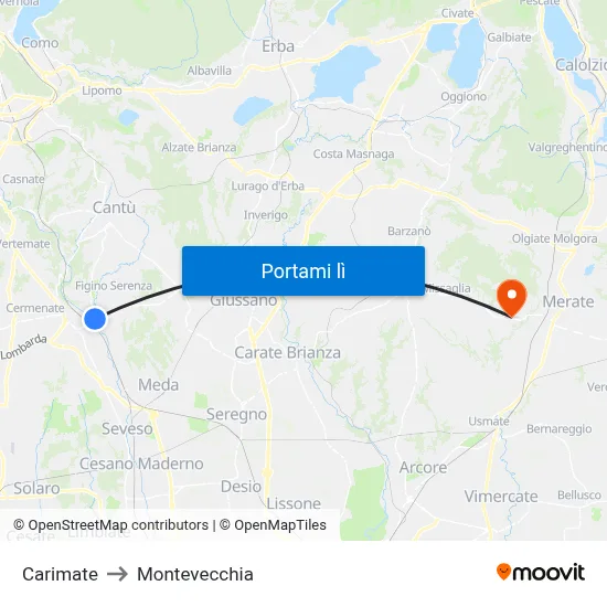 Carimate to Montevecchia map