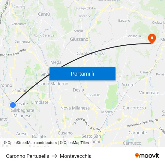 Caronno Pertusella to Montevecchia map