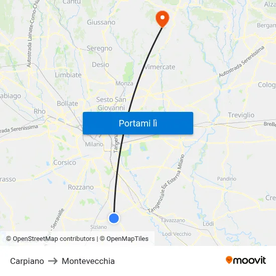 Carpiano to Montevecchia map