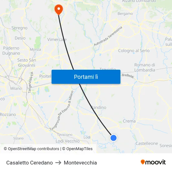Casaletto Ceredano to Montevecchia map