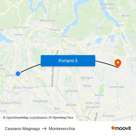 Cassano Magnago to Montevecchia map