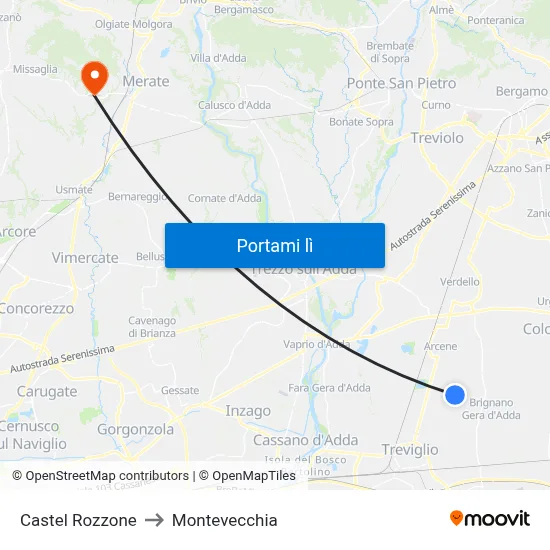 Castel Rozzone to Montevecchia map