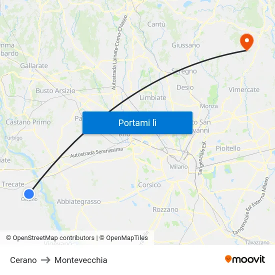 Cerano to Montevecchia map