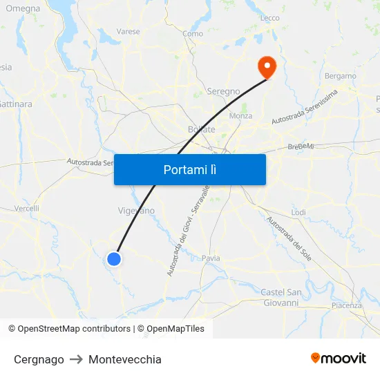 Cergnago to Montevecchia map