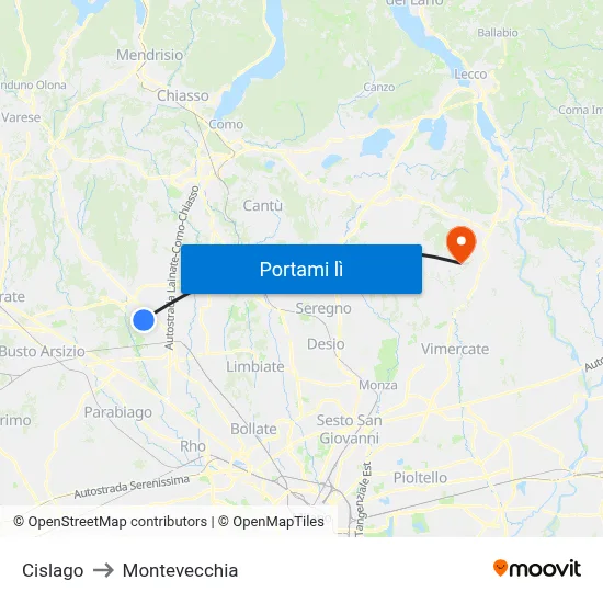Cislago to Montevecchia map