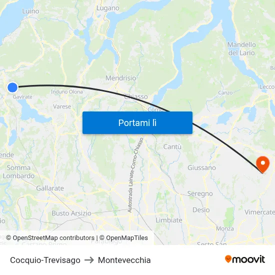 Cocquio-Trevisago to Montevecchia map