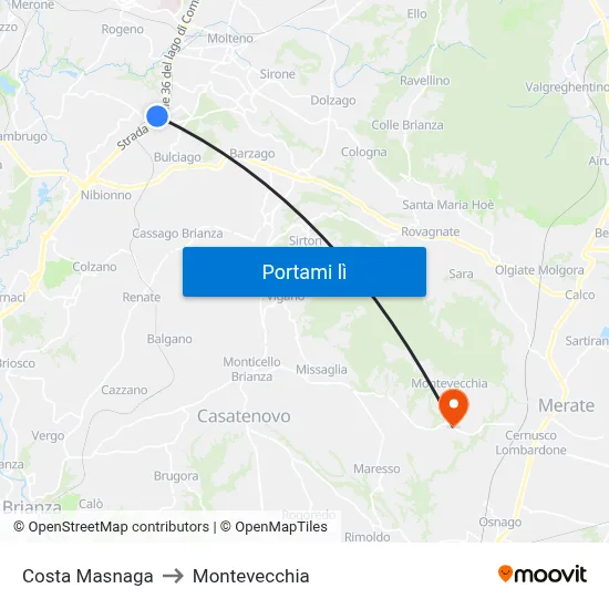 Costa Masnaga to Montevecchia map