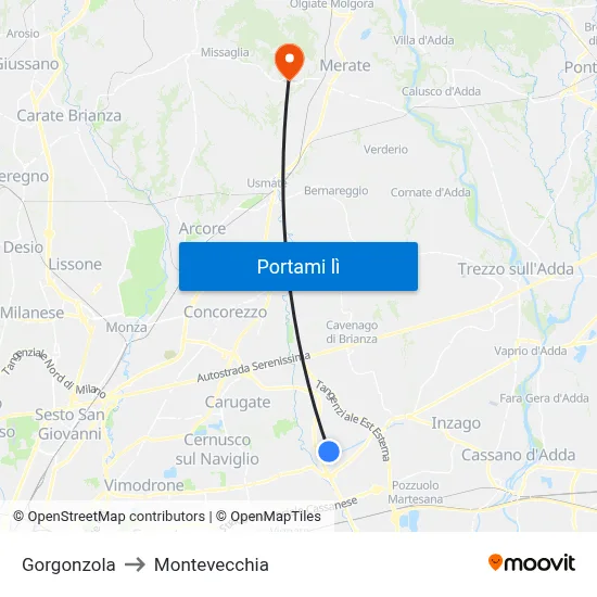 Gorgonzola to Montevecchia map