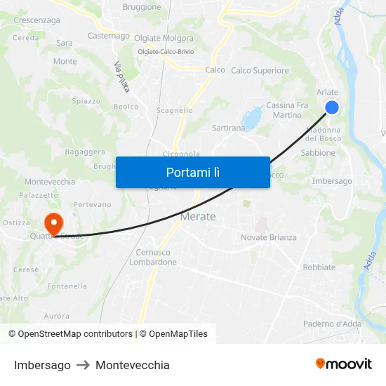 Imbersago to Montevecchia map