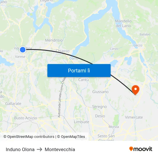 Induno Olona to Montevecchia map