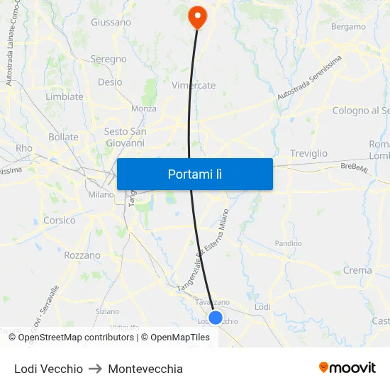 Lodi Vecchio to Montevecchia map