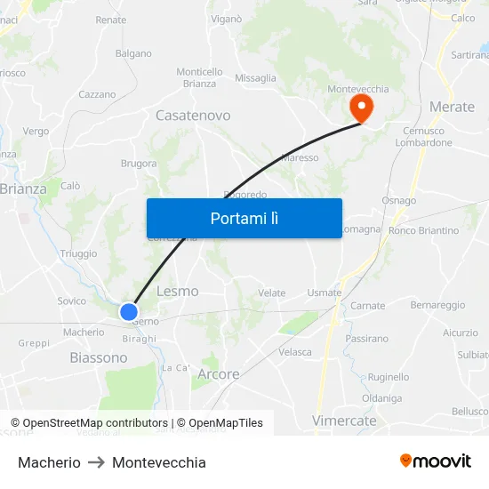 Macherio to Montevecchia map